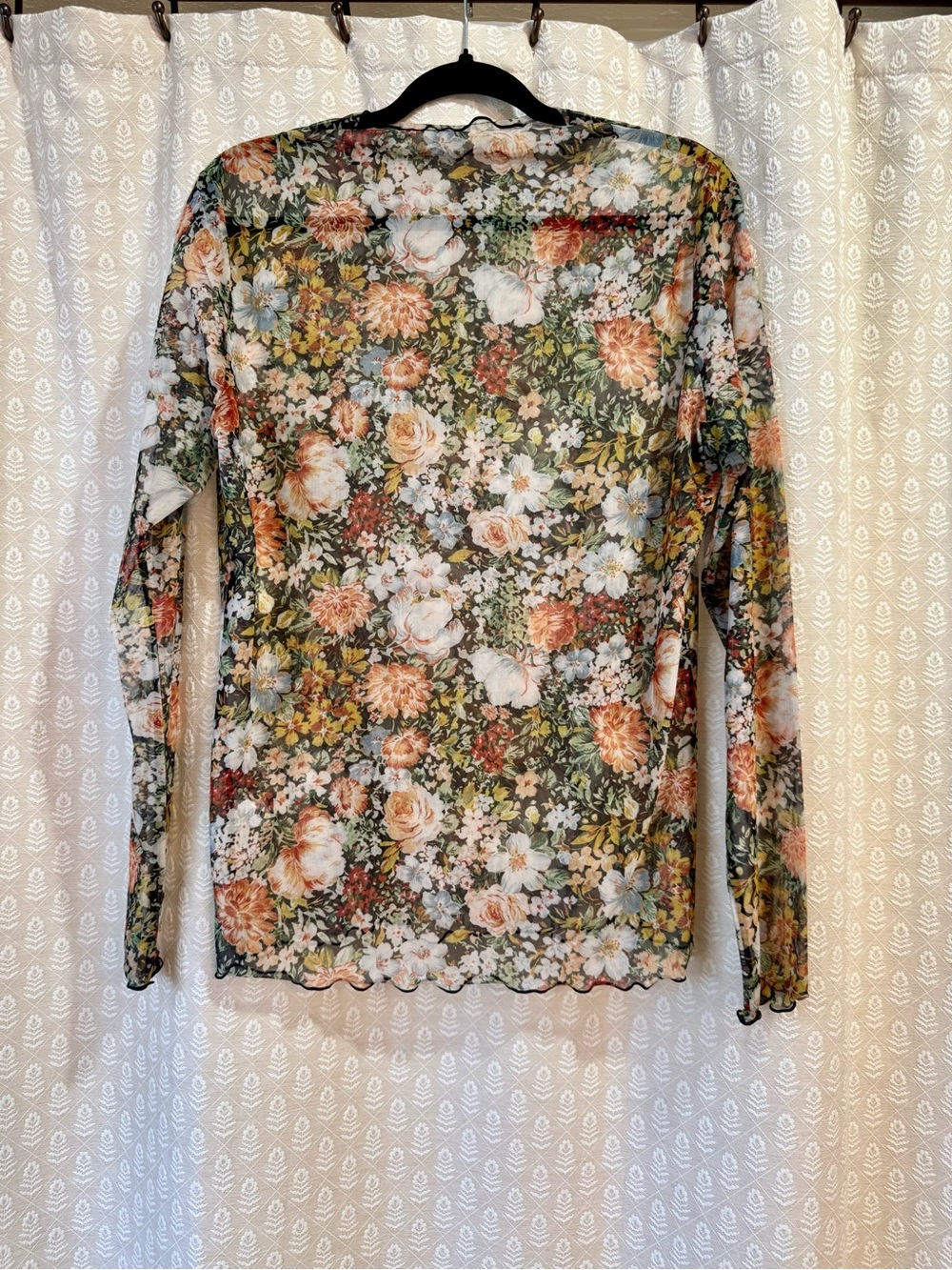 Amazon Floral Mesh Long-Sleeve Top in Cream, Green, Rust and Blue